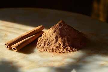 Poster - A neat pile of cinnamon powder accompanied by two cinnamon sticks placed on a smooth marble surface, casting elegant shadows in warm natural light.