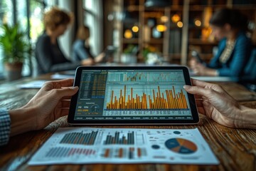 Poster - Close-up of Hands Analyzing Data on a Tablet and Paper Graphs