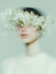 Wall Mural - A Portrait of a Woman with White Flowers Over Her Eyes