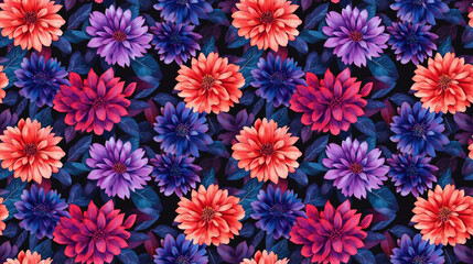 Seamless abstract floral pattern featuring vibrant watercolor aster bouquet ideal for fabric design or home decor