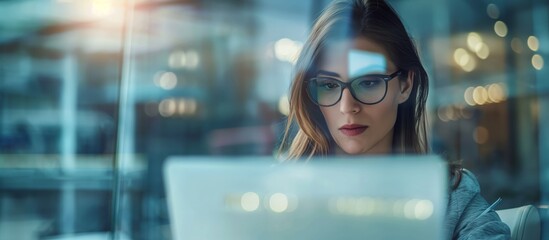 Poster - Young woman with glasses working meticulously on a laptop in a modern office environment, illuminated by natural light and soft interior lighting, portraying focus and dedication