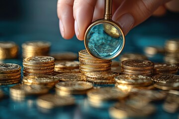 Poster - Magnifying Glass Examining a Stack of Gold Coins