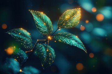 Poster - Luminous Green Leaves Interconnected by Glowing Lines
