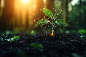 Poster - A Young Sprout Emerging from Soil with Glowing Network Pattern