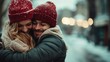 © JoxyAimages - A couple cuddles closely amidst falling snow on a quaint street, capturing the essence of warmth and love against the backdrop of a chilly, rustic scene.