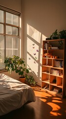 Poster - Sunlit Bedroom Interior with Houseplants and Butterfly Decor Creating Cozy and Relaxing Atmosphere : Generative AI