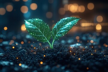 Aufkleber - A glowing green sprout emerging from dark soil with a bokeh background