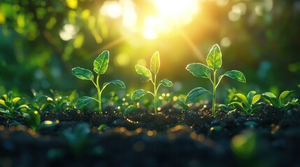 Poster - Three Young Plants Emerging from Soil in Sunlight