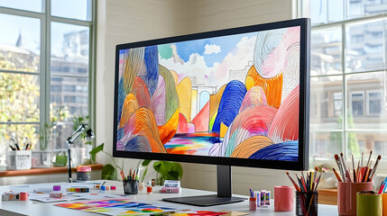 A modern computer monitor displays a vibrant abstract painting on a desk with art supplies.