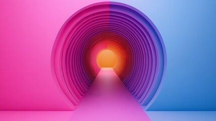 Wall Mural - Abstract Tunnel of Color: An ethereal tunnel of vibrant pink and blue shades, with a glowing orange light at the end, creates a captivating and surreal abstract design.  