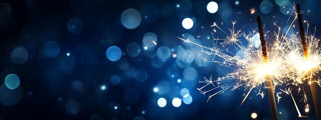 Poster - Triple Sparkler Display on Blue Bokeh Background Perfect for Festive Celebrations : Generative AI