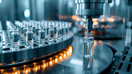 Poster - a pharmaceutical facility uses hightech automated machinery to fill glass vials in a sterile environ