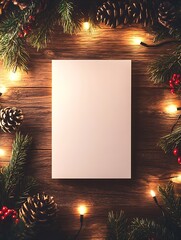 Poster - Festive Blank Greeting Card Surrounded by Rustic Holiday Garland and Fairy Lights : Generative AI