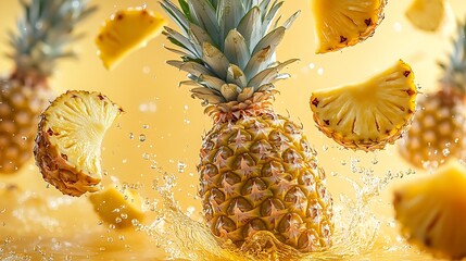 Poster - Juicy Pineapples Splattered in Energetic Water Droplets and Motion : Generative AI