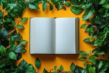 Poster - Open Book Surrounded by Green Leaves on a Yellow Background