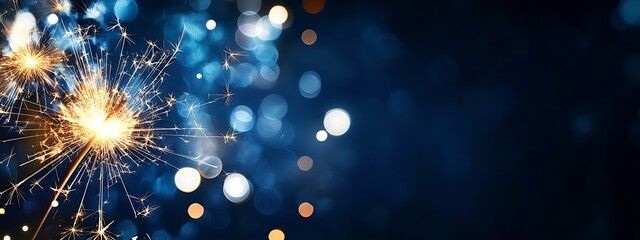 Poster - Vibrant Sparkler on Dark Blue Background Creating a Festive Atmosphere : Generative AI