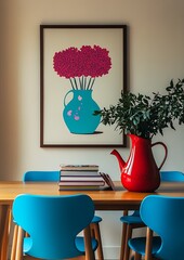 Poster - Morden Minimalist Dining Room with Blue Chairs and Floral Artwork : Generative AI
