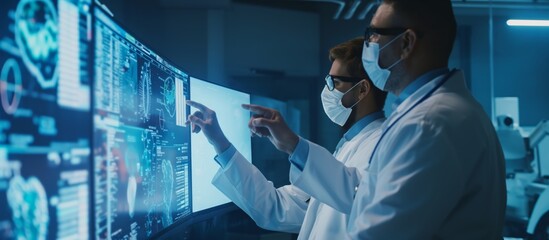 Poster - In a modern laboratory, two scientists wearing lab coats and masks are thoroughly examining brain scans and medical records. Their study highlights the importance of data in medical research