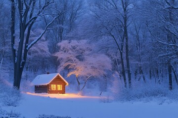 Aufkleber - A serene log cabin with a warm light emanating from within, set amidst a quiet winter forest blanketed in snow, highlighting a peaceful night's solitude.
