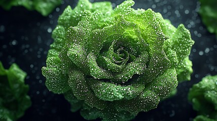 Poster - Pristine Green Lettuce with Glimmering Water Droplets on Dark Background : Generative AI