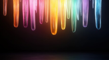 Poster - Colorful, rainbow-like drips hang suspended in mid-air, creating a vibrant, abstract display that captures movement and fluidity in a feast of color and form.