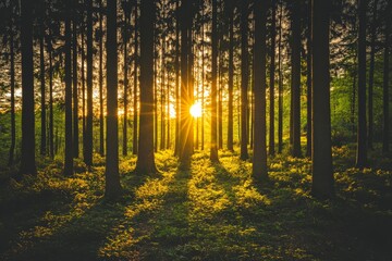 Poster - The image captures the golden sunrise piercing through dense forest trees, casting dramatic shadows and illuminating lush green foliage, representing tranquility and renewal.