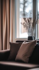 Aufkleber - Elegant Sofa with Cushions and Floral Arrangement by Large Window in Modern Setting : Generative AI