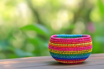 Wall Mural - Colorful Basket with Vibrant Patterns on Wooden Table