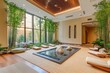 © ChaoticMind - An elegant indoor garden space highlighting a central pond with rocks, bamboo, and minimalist seating, offering a calm ambiance for peace and tranquility seekers.