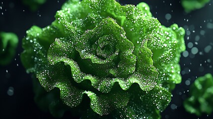 Poster - Vibrant Green Lettuce Covered with Sparkling Droplets in Dramatic Lighting : Generative AI