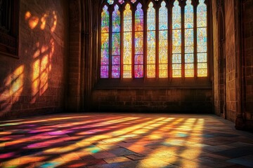 Aufkleber - Sunlight shines through stained glass, casting a vibrant array of colorful patterns on the floor of the cathedral, creating a peaceful and contemplative ambiance.