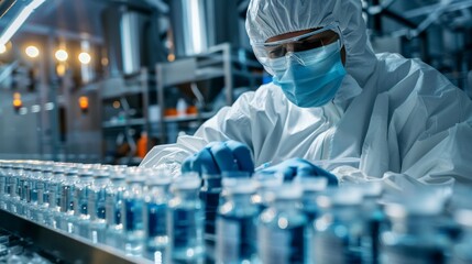 Aufkleber - A scientist in protective gear inspects vials in a hightech pharmaceutical lab, ensuring quality control. Safety in medical research and production is paramount in the meticulous examination process