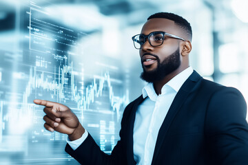 Poster - A man in a suit points at digital graphs and data analysis on a transparent screen, engaged in a discussion