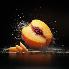 Poster - Artistic Burst of Fresh Peach with Segments Amidst Floating Particles : Generative AI