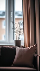 Aufkleber - Modern Sofa with Subtle Color Cushions and Potted Plant by Large Window : Generative AI