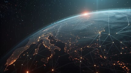 Aufkleber - A stunning image of Earth from space displays global network connections and urban lights, ideal for tech, connectivity, and communication visuals, showcasing our interconnected world