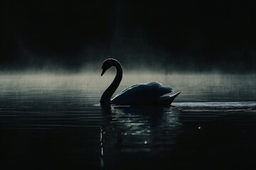 Fototapete - A solitary swan gracefully glides across a misty lake, bathed in soft dawn light, creating a serene and magical ambiance amidst the tranquility of nature.