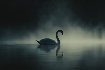 Poster - A swan floats peacefully on a tranquil lake enveloped by gentle fog, capturing a serene and timeless moment in a beautifully composed natural setting.