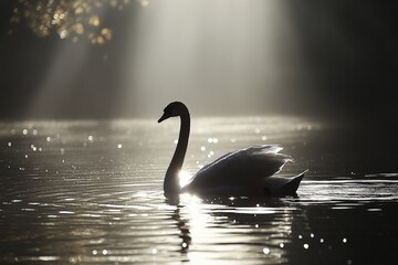 Poster - A beautiful swan is illuminated by sunlight, creating a magical glow amidst peaceful morning mist, highlighting the grace and elegance of the tranquil water setting.