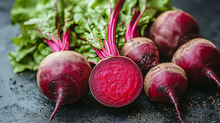 Close-up of fresh red beets with rich burgundy color and visible skin texture, ideal for healthy eating themes