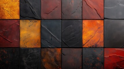 Aufkleber - A collection of colorful square tiles arranged in a vivid pattern with textured surfaces, highlighting diverse shades of reds, oranges, and blacks for an eye-catching display.