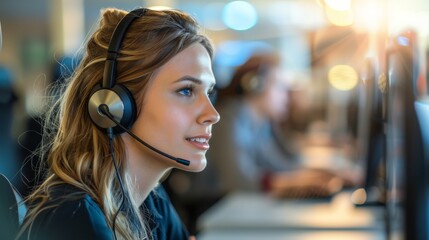 Poster - A female customer service representative is focused, wearing a headset, working at a computer in a modern call center surrounded by colleagues. Expert in customer support, business, and technology