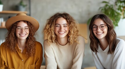 Inside a cozy space, three friends with curly hair and bright smiles enjoy each other's company, symbolizing warmth, harmony, and comfort in an inviting setting.