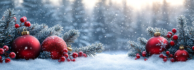 Red Christmas toys neatly arranged on fresh snow, with a green Christmas tree in the background. The snow softly covers the toys, creating a winter atmosphere, and the Christmas tree with dark green b