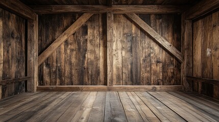 Artistic timbered wall highlighted by wooden beams, creating a visually appealing design with ample copy space for creativity and expression in photography.