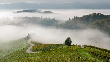 Wall Mural - time-lapse video of morning mists creeping over the picturesque, autumn-covered hills and the famous