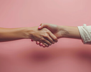 Two hands shaking hands on a pink background. Concept of unity and friendship