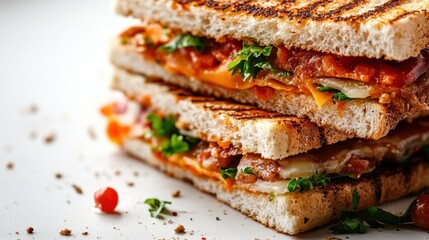 Elevate your lunch with this gourmet grilled cheese sandwich, stacked with fresh greens and sun-dried tomatoes on thick, crunchy bread slices for a flavorful experience.