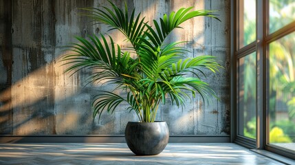 Wall Mural - Lush green palm plant in a modern interior with sunlight streaming through large windows. Generative AI