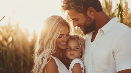 A couple lovingly embraces their young child in a sunlit field, capturing a moment of warmth, affection, and familial love amidst a serene natural backdrop.